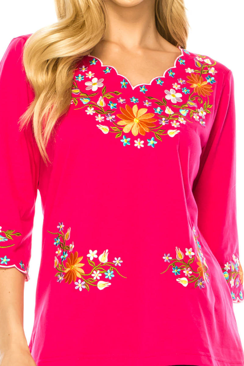 Fuchsia Embroidered Cotton Blend Bohemian Blouses 3/4 Sleeves for Fiestas and All Occasions  (S-3XL) $8 Per Piece. MT804