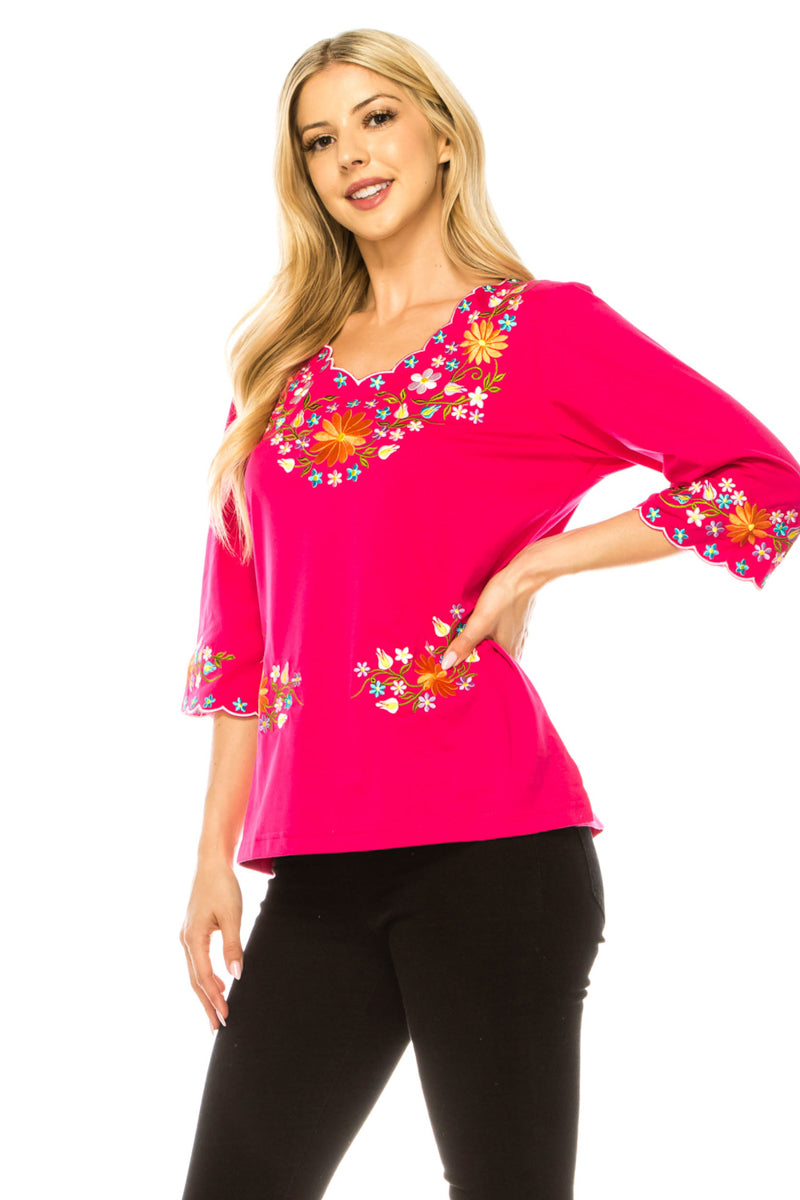Fuchsia Embroidered Cotton Blend Bohemian Blouses 3/4 Sleeves for Fiestas and All Occasions  (S-3XL) $8 Per Piece. MT804