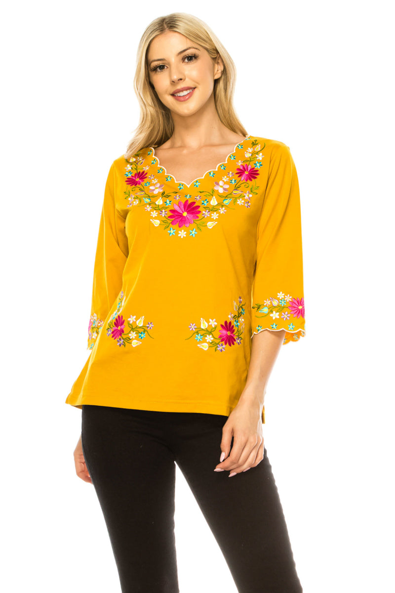 Honey Embroidered Cotton Blend Bohemian Blouses 3/4 Sleeves for Fiestas and All Occasions  (S-3XL) $8 Per Piece. MT804