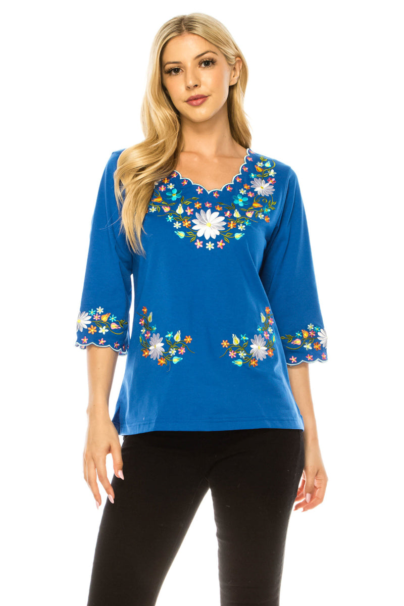 Royal Blue Embroidered Cotton Blend Bohemian Blouses 3/4 Sleeves for Fiestas and All Occasions  (S-3XL) $8 Per Piece. MT804