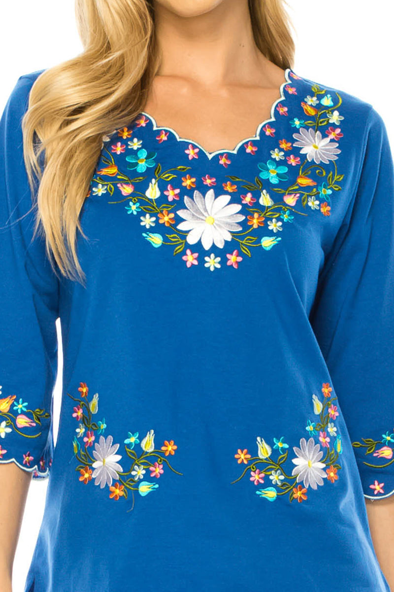 Royal Blue Embroidered Cotton Blend Bohemian Blouses 3/4 Sleeves for Fiestas and All Occasions  (S-3XL) $8 Per Piece. MT804