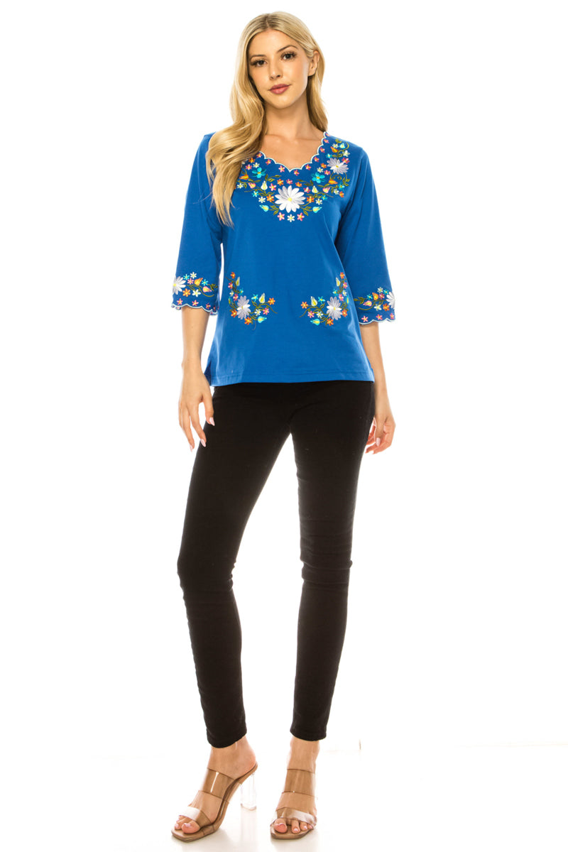 Royal Blue Embroidered Cotton Blend Bohemian Blouses 3/4 Sleeves for Fiestas and All Occasions  (S-3XL) $8 Per Piece. MT804