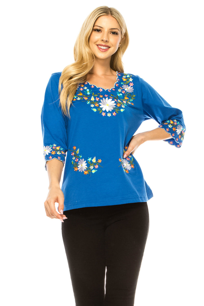 Royal Blue Embroidered Cotton Blend Bohemian Blouses 3/4 Sleeves for Fiestas and All Occasions  (S-3XL) $8 Per Piece. MT804