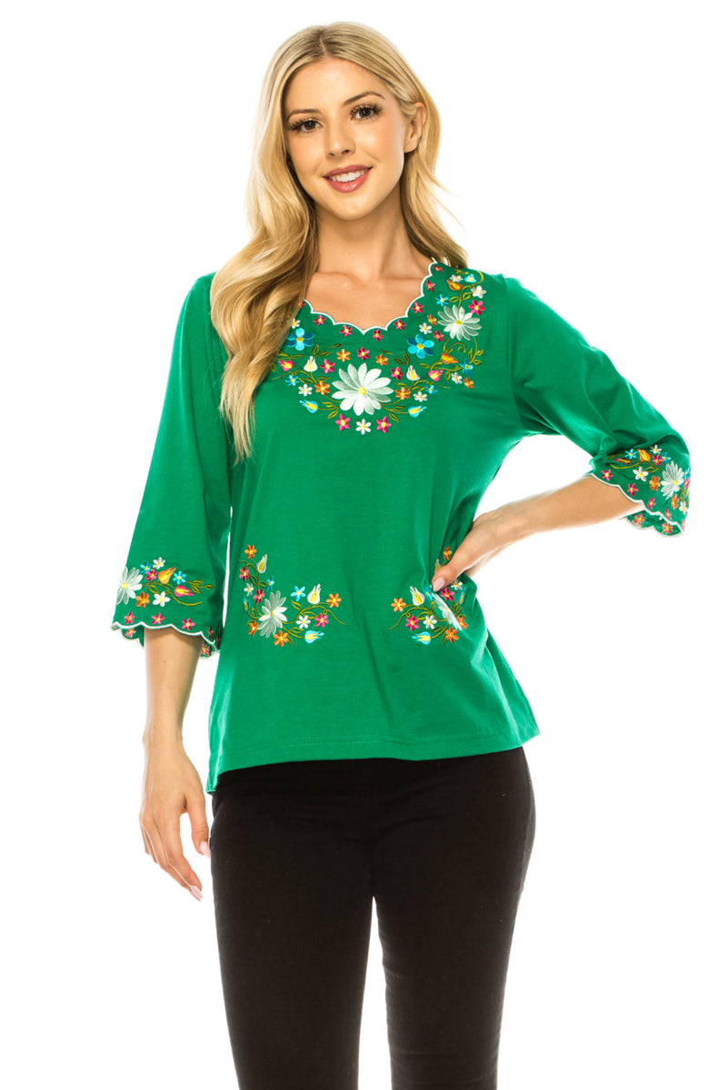 Green Embroidered Cotton Blend Bohemian Blouses 3/4 Sleeves for Fiestas and All Occasions  (S-3XL) $8 Per Piece. MT804