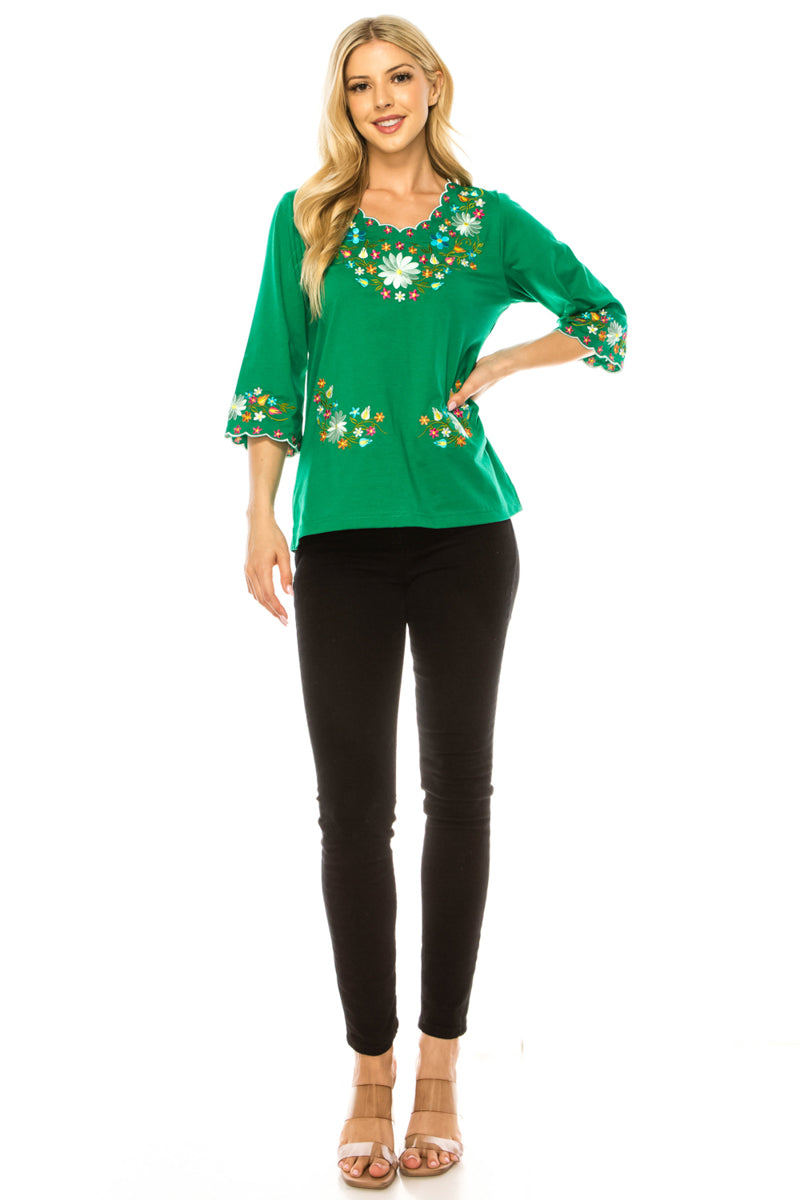 Green Embroidered Cotton Blend Bohemian Blouses 3/4 Sleeves for Fiestas and All Occasions  (S-3XL) $8 Per Piece. MT804