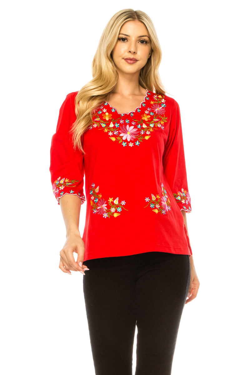 Red Embroidered Cotton Blend Bohemian Blouses 3/4 Sleeves for Fiestas and All Occasions  (S-3XL) $8 Per Piece. MT804