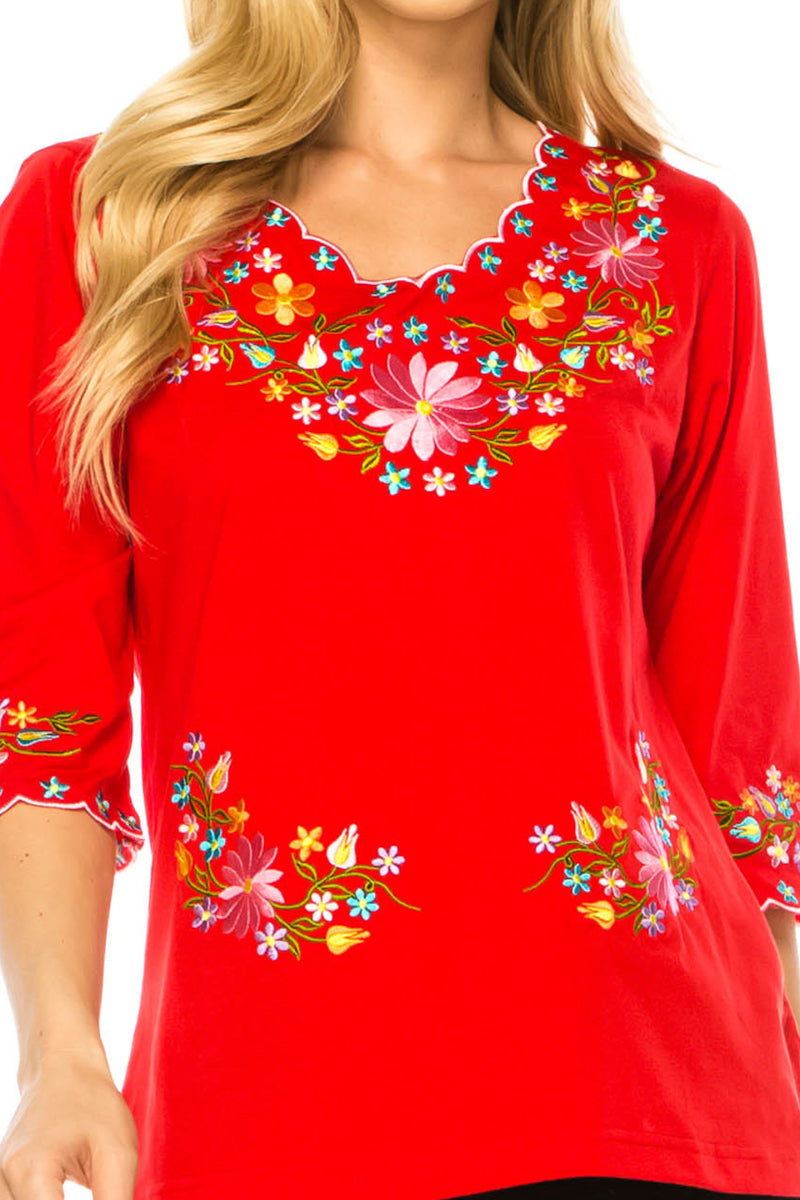 Red Embroidered Cotton Blend Bohemian Blouses 3/4 Sleeves for Fiestas and All Occasions  (S-3XL) $8 Per Piece. MT804