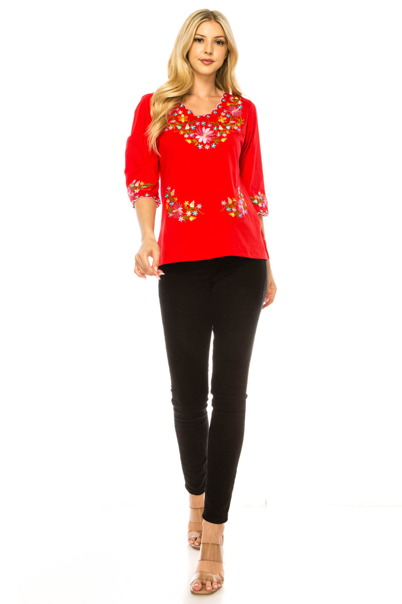 Red Embroidered Cotton Blend Bohemian Blouses 3/4 Sleeves for Fiestas and All Occasions  (S-3XL) $8 Per Piece. MT804