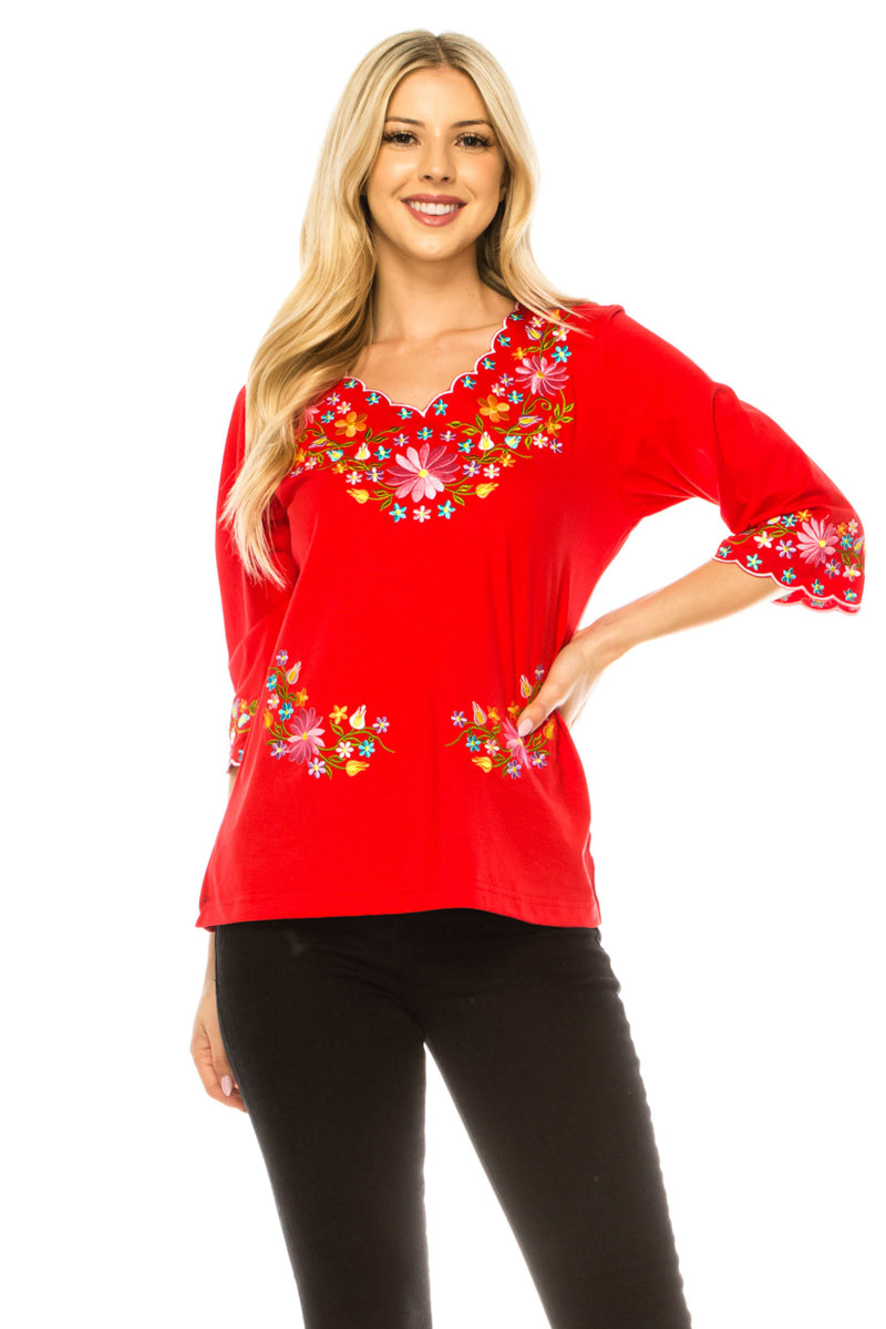Red Embroidered Cotton Blend Bohemian Blouses 3/4 Sleeves for Fiestas and All Occasions  (S-3XL) $8 Per Piece. MT804
