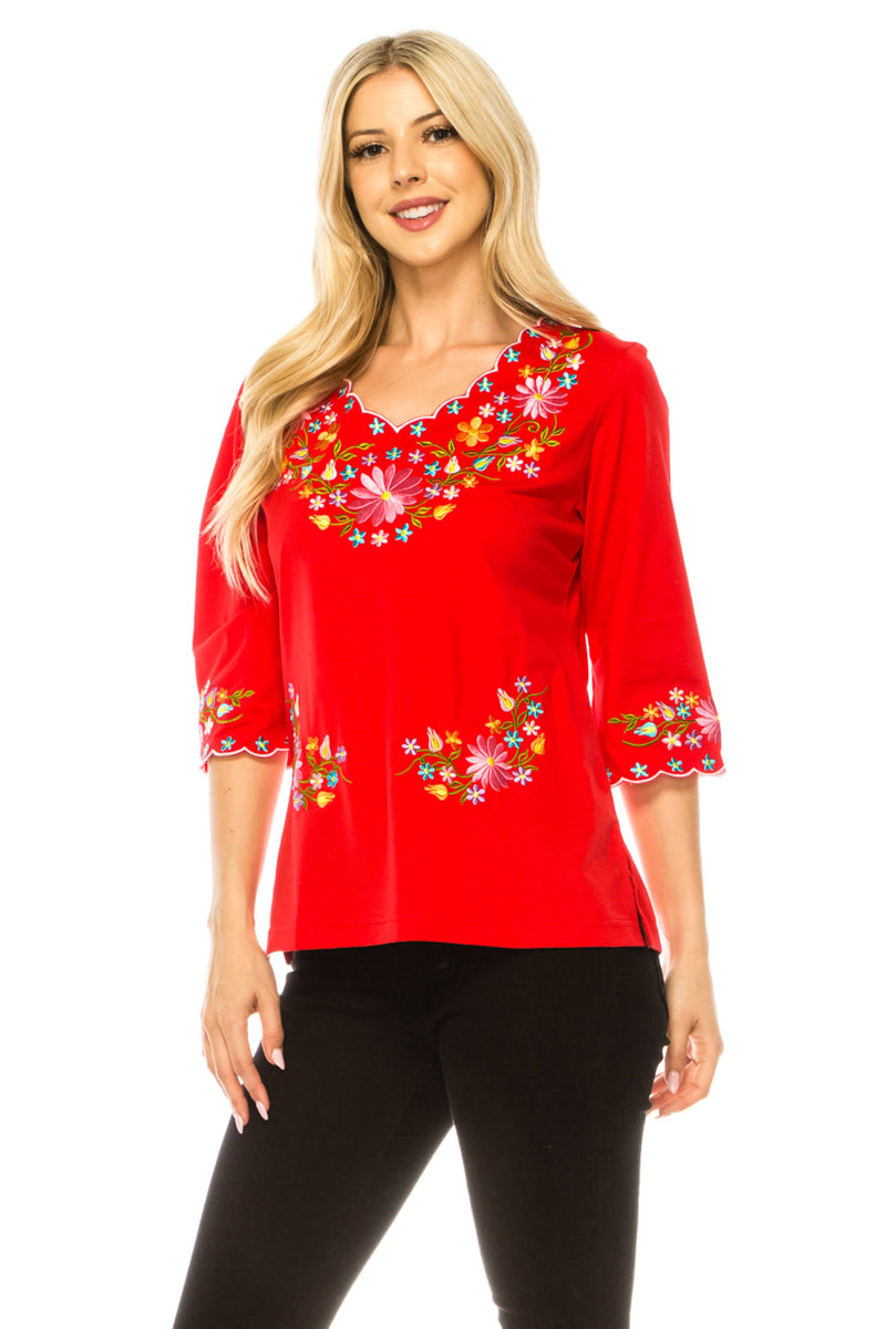 Red Embroidered Cotton Blend Bohemian Blouses 3/4 Sleeves for Fiestas and All Occasions  (S-3XL) $8 Per Piece. MT804