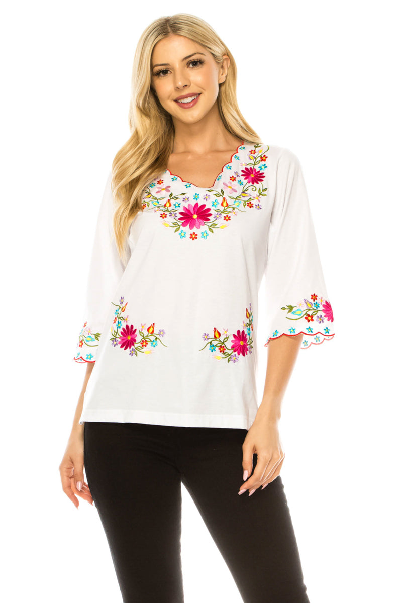 White Embroidered Cotton Blend Bohemian Blouses 3/4 Sleeves for Fiestas and All Occasions  (S-3XL) $8 Per Piece. MT804