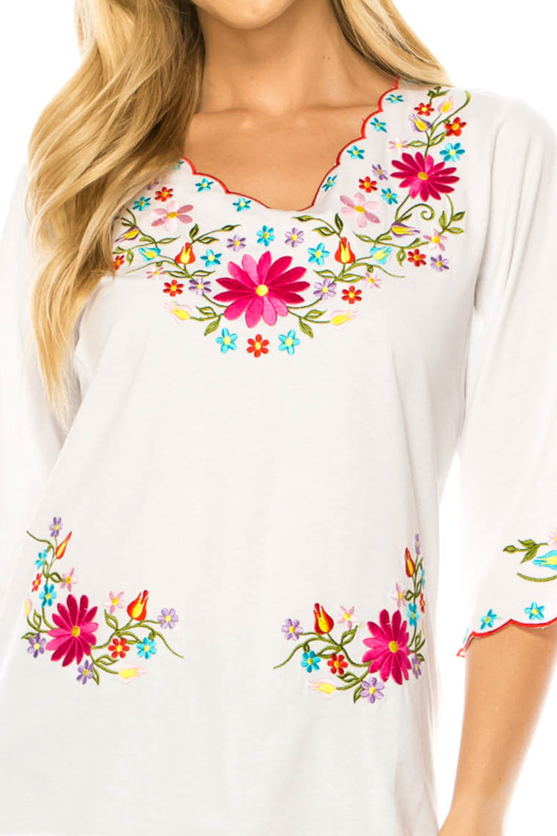 White Embroidered Cotton Blend Bohemian Blouses 3/4 Sleeves for Fiestas and All Occasions  (S-3XL) $8 Per Piece. MT804
