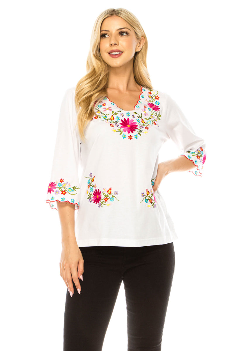 White Embroidered Cotton Blend Bohemian Blouses 3/4 Sleeves for Fiestas and All Occasions  (S-3XL) $8 Per Piece. MT804