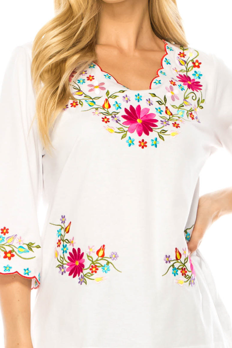 White Embroidered Cotton Blend Bohemian Blouses 3/4 Sleeves for Fiestas and All Occasions  (S-3XL) $8 Per Piece. MT804