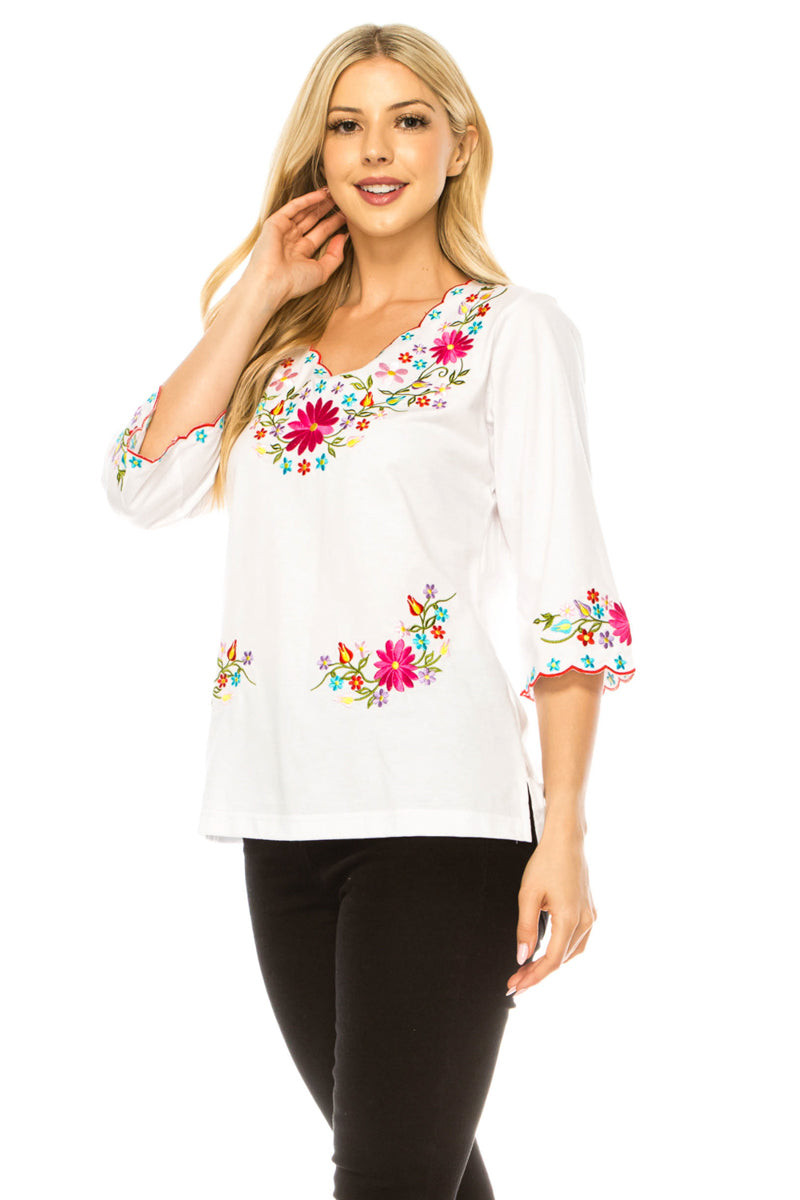 White Embroidered Cotton Blend Bohemian Blouses 3/4 Sleeves for Fiestas and All Occasions  (S-3XL) $8 Per Piece. MT804