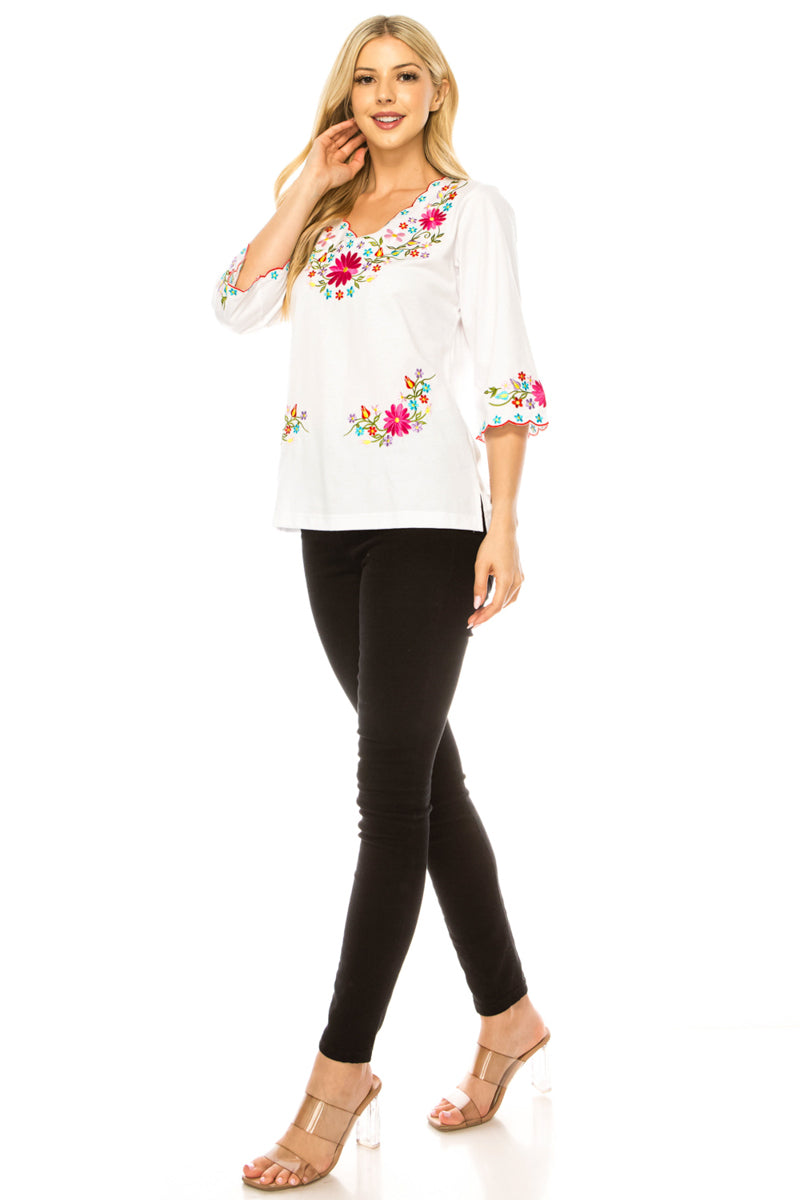 White Embroidered Cotton Blend Bohemian Blouses 3/4 Sleeves for Fiestas and All Occasions  (S-3XL) $8 Per Piece. MT804