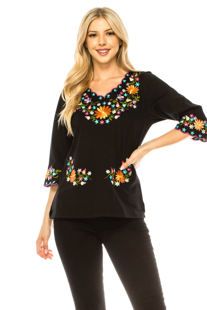 Black Embroidered Cotton Blend Bohemian Blouses 3/4 Sleeves for Fiestas and All Occasions  (S-3XL) $8 Per Piece. MT804