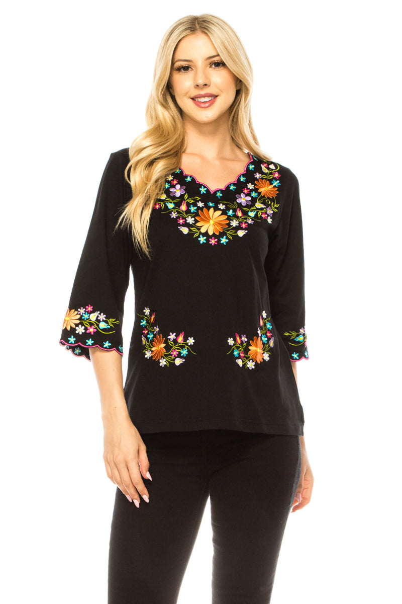 Black Embroidered Cotton Blend Bohemian Blouses 3/4 Sleeves for Fiestas and All Occasions  (S-3XL) $8 Per Piece. MT804