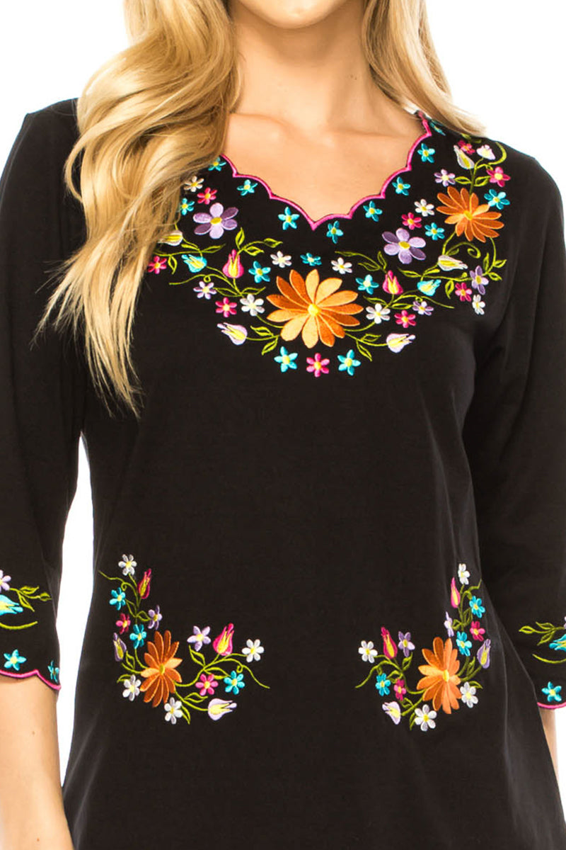 Black Embroidered Cotton Blend Bohemian Blouses 3/4 Sleeves for Fiestas and All Occasions  (S-3XL) $8 Per Piece. MT804