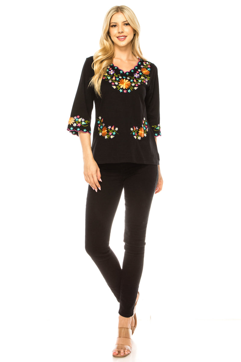 Black Embroidered Cotton Blend Bohemian Blouses 3/4 Sleeves for Fiestas and All Occasions  (S-3XL) $8 Per Piece. MT804