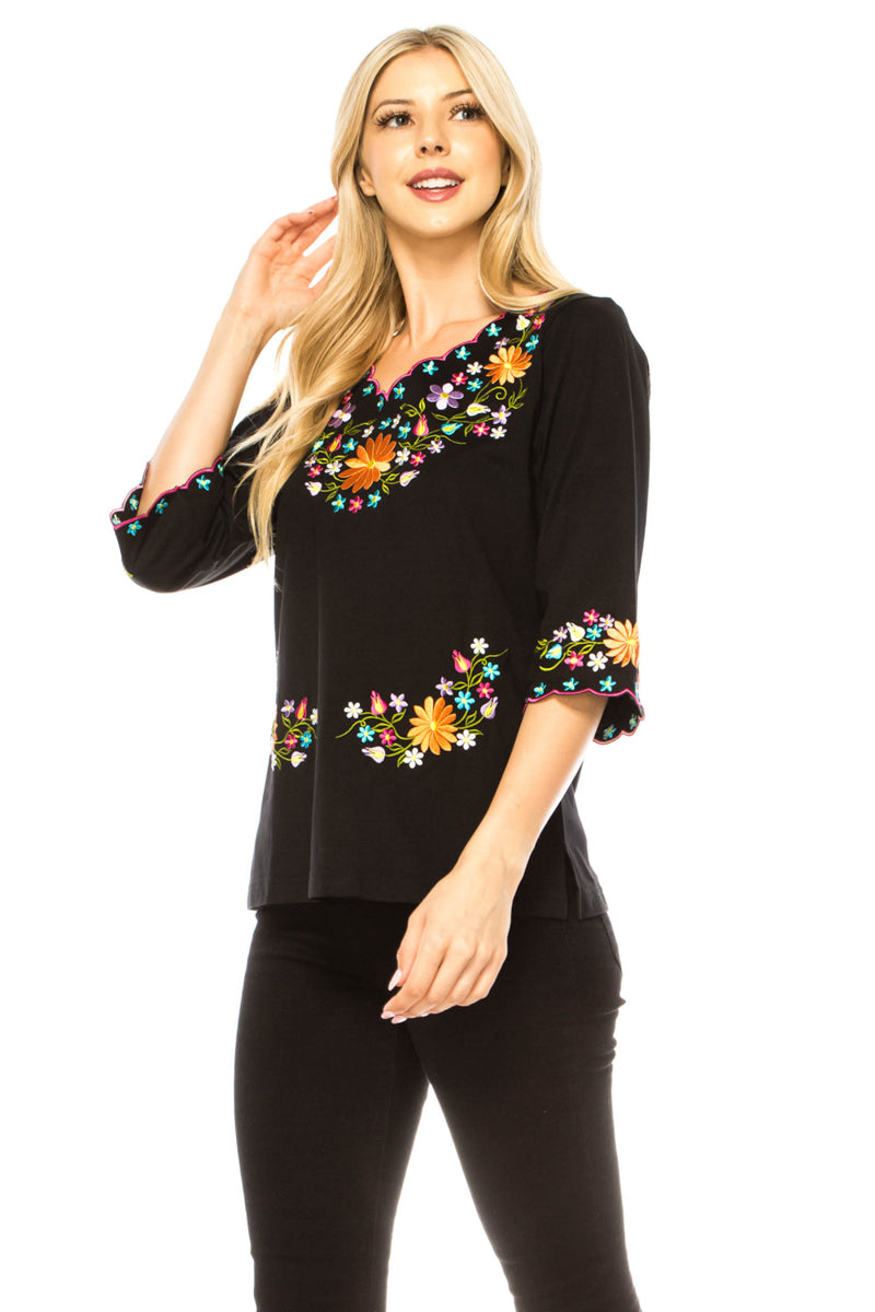 Black Embroidered Cotton Blend Bohemian Blouses 3/4 Sleeves for Fiestas and All Occasions  (S-3XL) $8 Per Piece. MT804