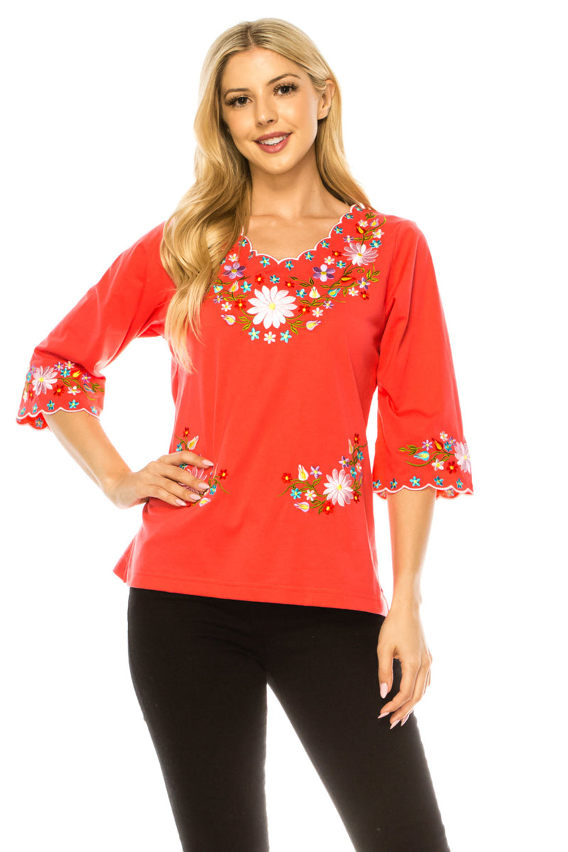 Coral Embroidered Cotton Blend Bohemian Blouses 3/4 Sleeves for Fiestas and All Occasions  (S-3XL) $8 Per Piece. MT804