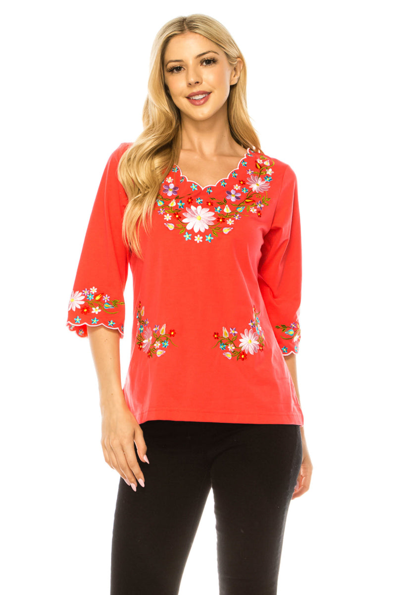 Coral Embroidered Cotton Blend Bohemian Blouses 3/4 Sleeves for Fiestas and All Occasions  (S-3XL) $8 Per Piece. MT804