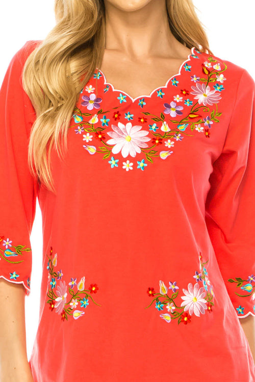 Coral Embroidered Cotton Blend Bohemian Blouses 3/4 Sleeves for Fiestas and All Occasions  (S-3XL) $8 Per Piece. MT804