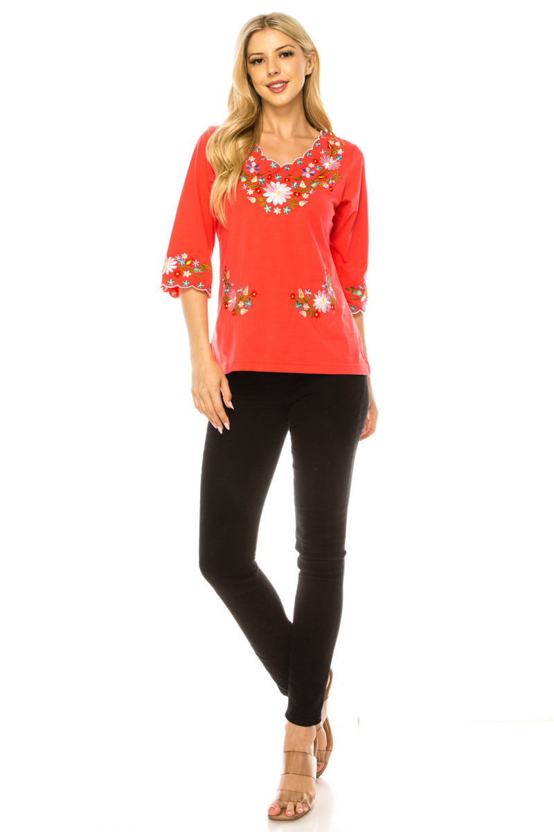 Coral Embroidered Cotton Blend Bohemian Blouses 3/4 Sleeves for Fiestas and All Occasions  (S-3XL) $8 Per Piece. MT804