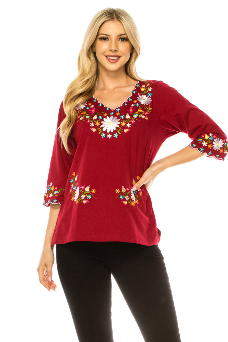 Burgundy Embroidered Cotton Blend Bohemian Blouses 3/4 Sleeves for Fiestas and All Occasions  (S-3XL) $8 Per Piece. MT804