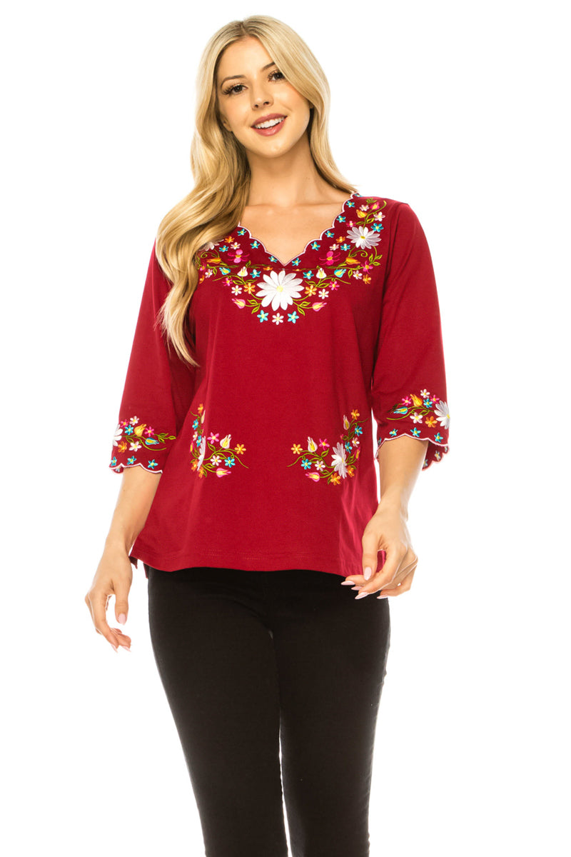 Burgundy Embroidered Cotton Blend Bohemian Blouses 3/4 Sleeves for Fiestas and All Occasions  (S-3XL) $8 Per Piece. MT804