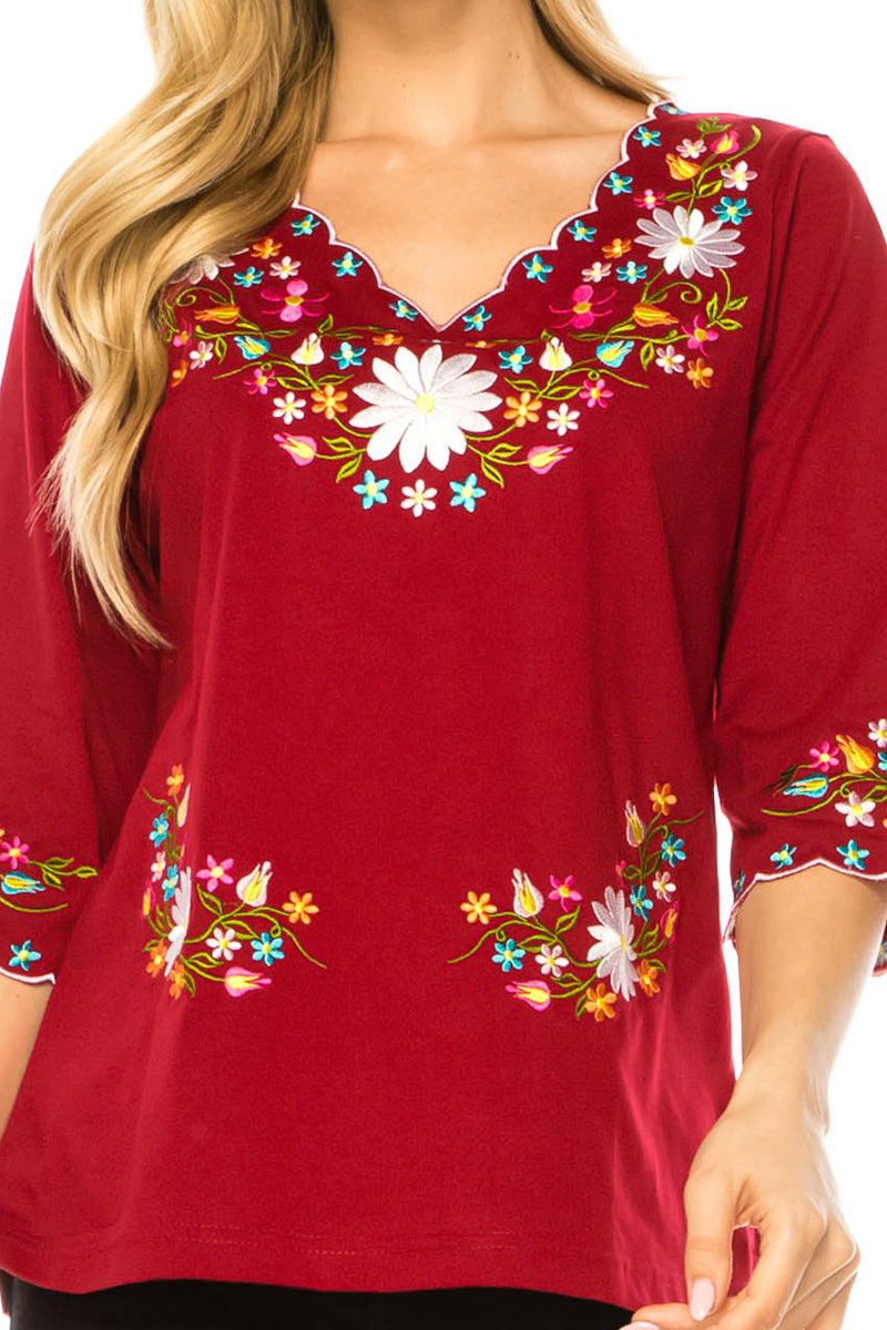 Burgundy Embroidered Cotton Blend Bohemian Blouses 3/4 Sleeves for Fiestas and All Occasions  (S-3XL) $8 Per Piece. MT804