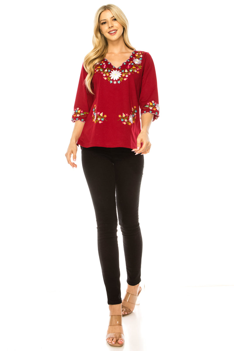 Burgundy Embroidered Cotton Blend Bohemian Blouses 3/4 Sleeves for Fiestas and All Occasions  (S-3XL) $8 Per Piece. MT804