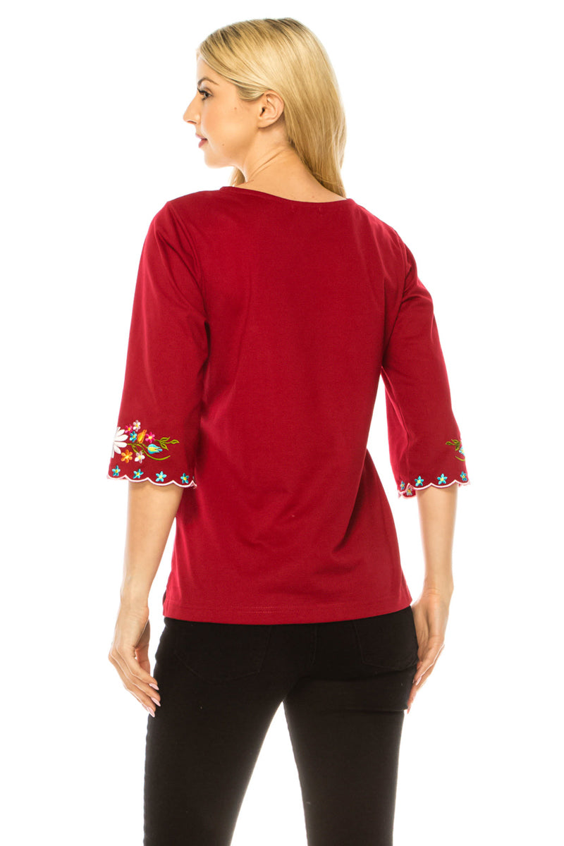 Burgundy Embroidered Cotton Blend Bohemian Blouses 3/4 Sleeves for Fiestas and All Occasions  (S-3XL) $8 Per Piece. MT804