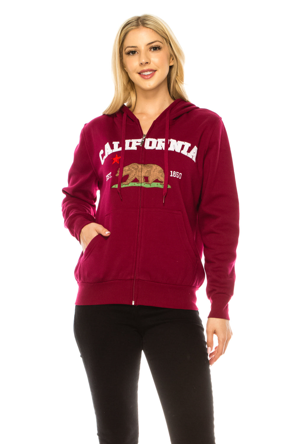 Burgundy Premium Quality California Embroidered Zip Up Hoodie (S-XL) $11 Per Piece. WBT64