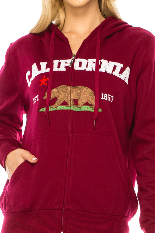 Burgundy Premium Quality California Embroidered Zip Up Hoodie (S-XL) $11 Per Piece. WBT64