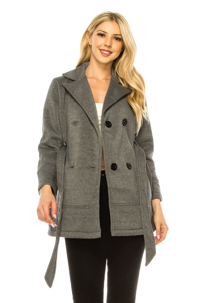 Women Dark Grey  Double Breasted Fleece Coat with Removable Belt  (S-XL) $14 (2X-3X) $15 Per piece WJ24525