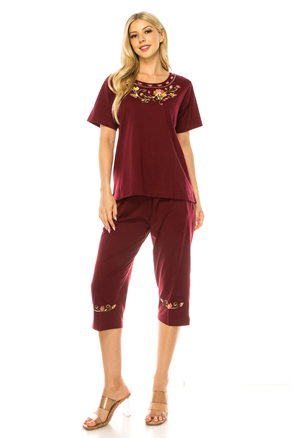 Women's Short Sleeve  Floral Embroidered and Matching Capri Set (S-3X) $12.00 Per Set. WS17 Option A