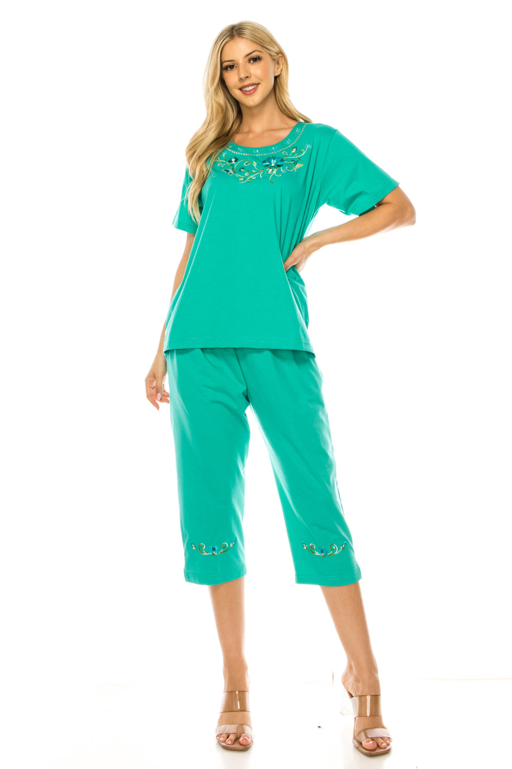 Women's Short Sleeve  Floral Embroidered and Matching Capri Set (S-3X) $12.00 Per Set. WS17 Option A