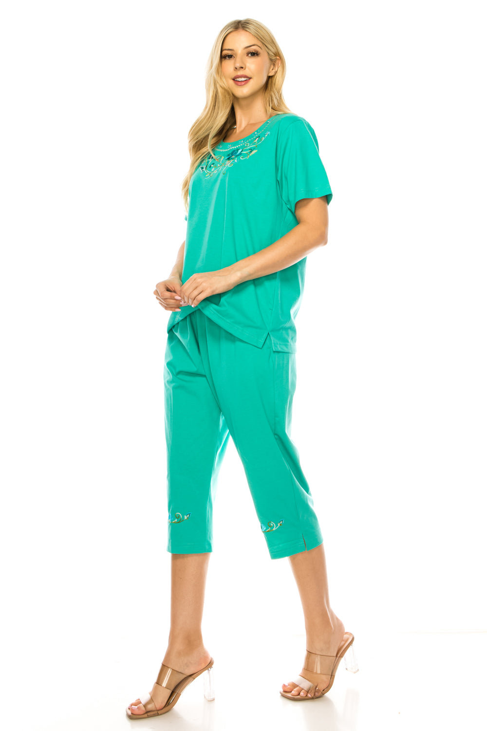 Women's Short Sleeve  Floral Embroidered and Matching Capri Set (S-3X) $12.00 Per Set. WS17 Option A