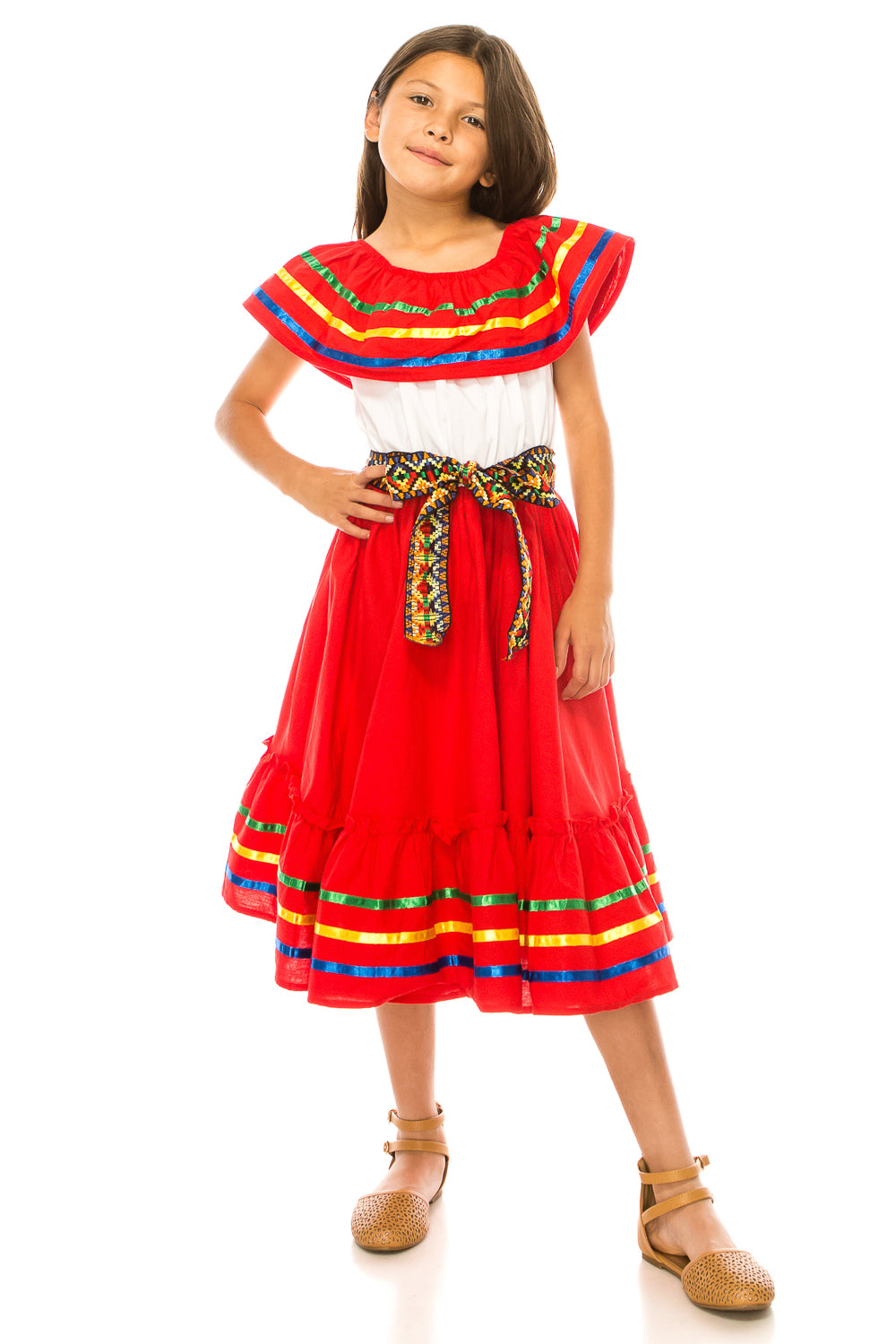 Fancy Red Traditional Mexican Cinco De Mayo Fiesta Dress (4-14) $14.00 Per Piece. DR2031