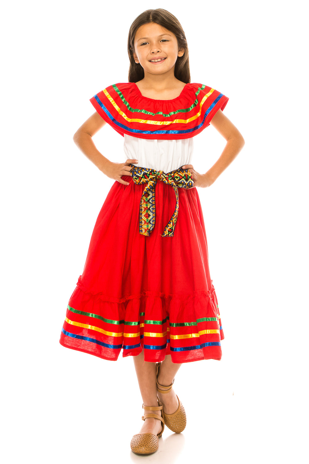 Fancy Red Traditional Mexican Cinco De Mayo Fiesta Dress (4-14) $14.00 Per Piece. DR2031