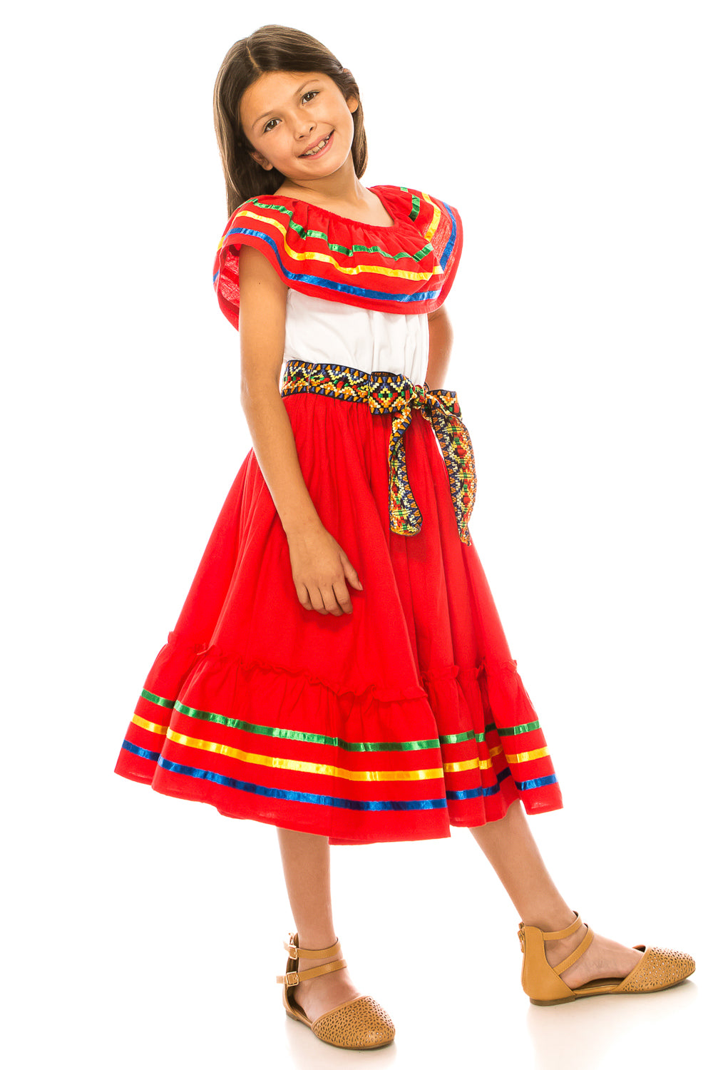 Fancy Red Traditional Mexican Cinco De Mayo Fiesta Dress (4-14) $14.00 Per Piece. DR2031