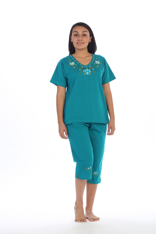 Women's Short Sleeve Rose Embroidered and Matching Capri Set (S-3X) $12.00 Per Set. WS08 Option B