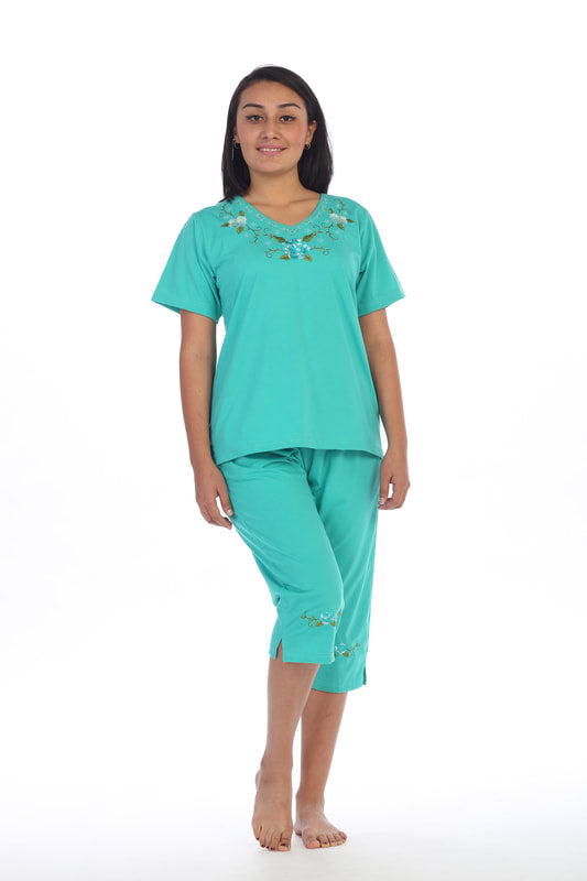 Women's Short Sleeve Rose Embroidered and Matching Capri Set (S-3X) $12.00 Per Set. WS08 Option B