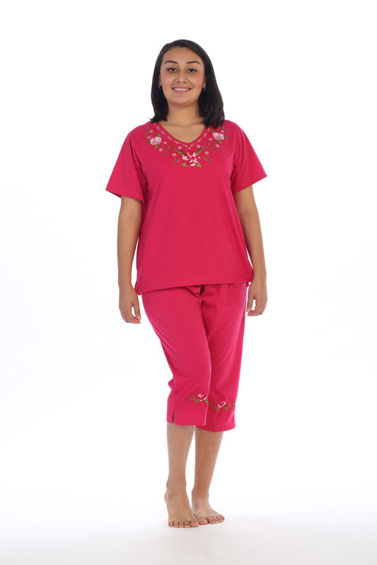 Women's Short Sleeve Rose Embroidered and Matching Capri Set (S-3X) $12.00 Per Set. WS08 Option A
