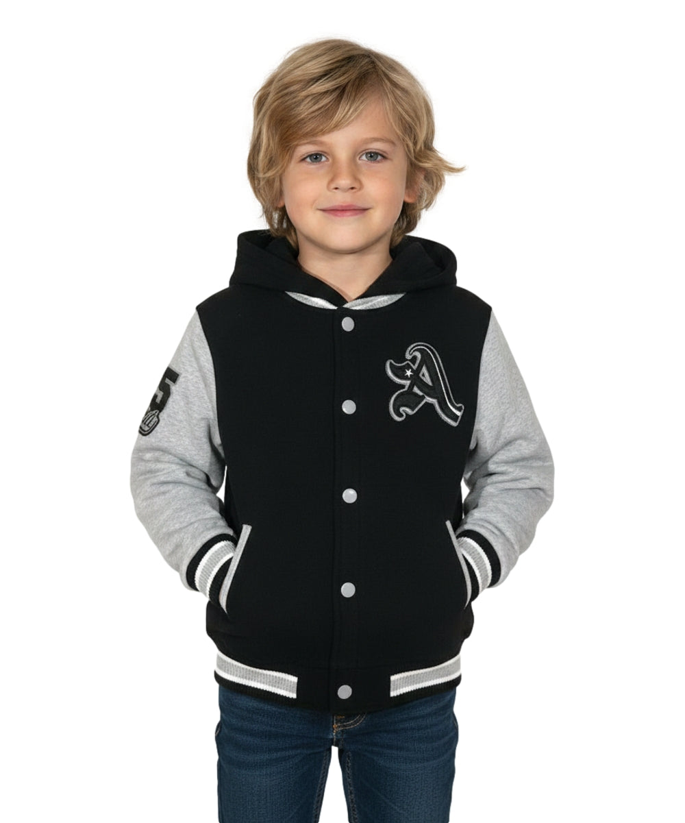 Boys Varsity Hooded Jacket With Patched Letter A - Black (2-4), (S-XL) $9.20-$10.50 Per Piece BJ1988
