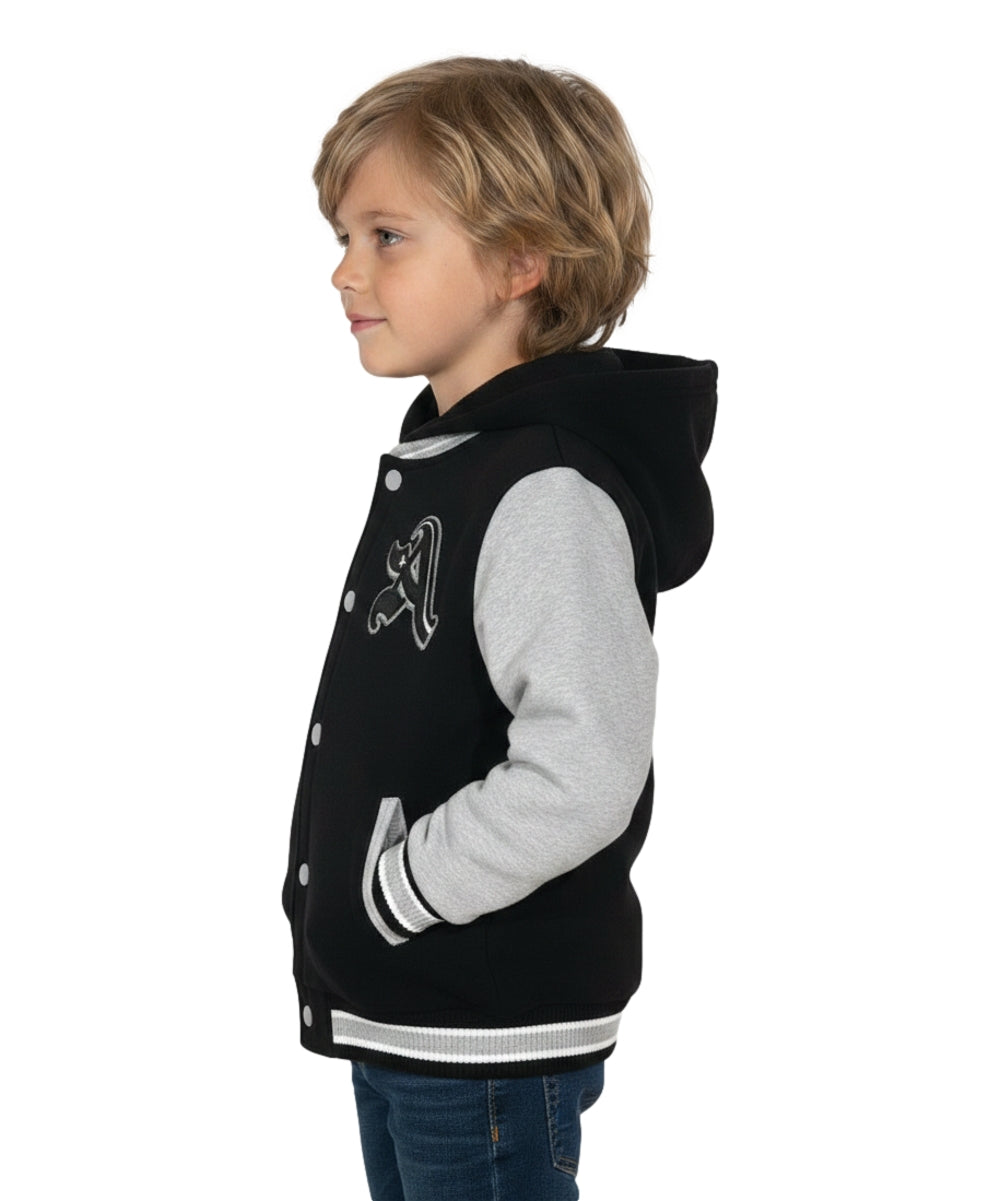 Boys Varsity Hooded Jacket With Patched Letter A - Black (2-4), (S-XL) $9.20-$10.50 Per Piece BJ1988