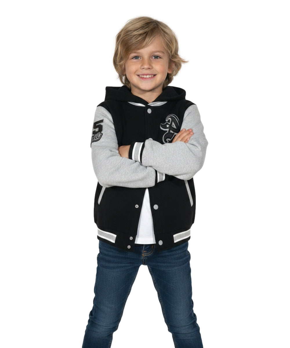 Boys Varsity Hooded Jacket With Patched Letter A - Black (2-4), (S-XL) $9.20-$10.50 Per Piece BJ1988