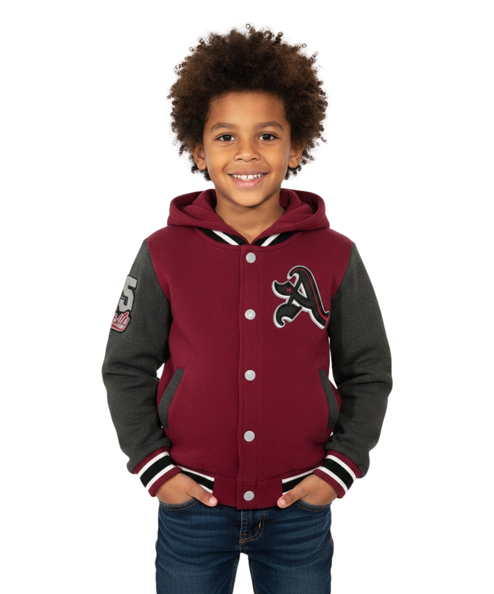 Boys Varsity Hooded Jacket With Patched Letter A - Burgundy (2-4), (S-XL) $9.20-$10.50 Per Piece BJ1988